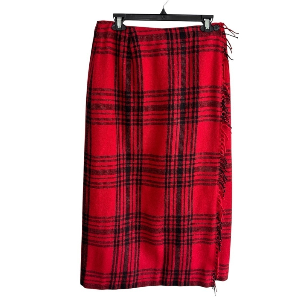 VTG Womens Wrap Maxi Skirt Red Black Plaid Wool.Blend Fringed Sz 12P Made in USA